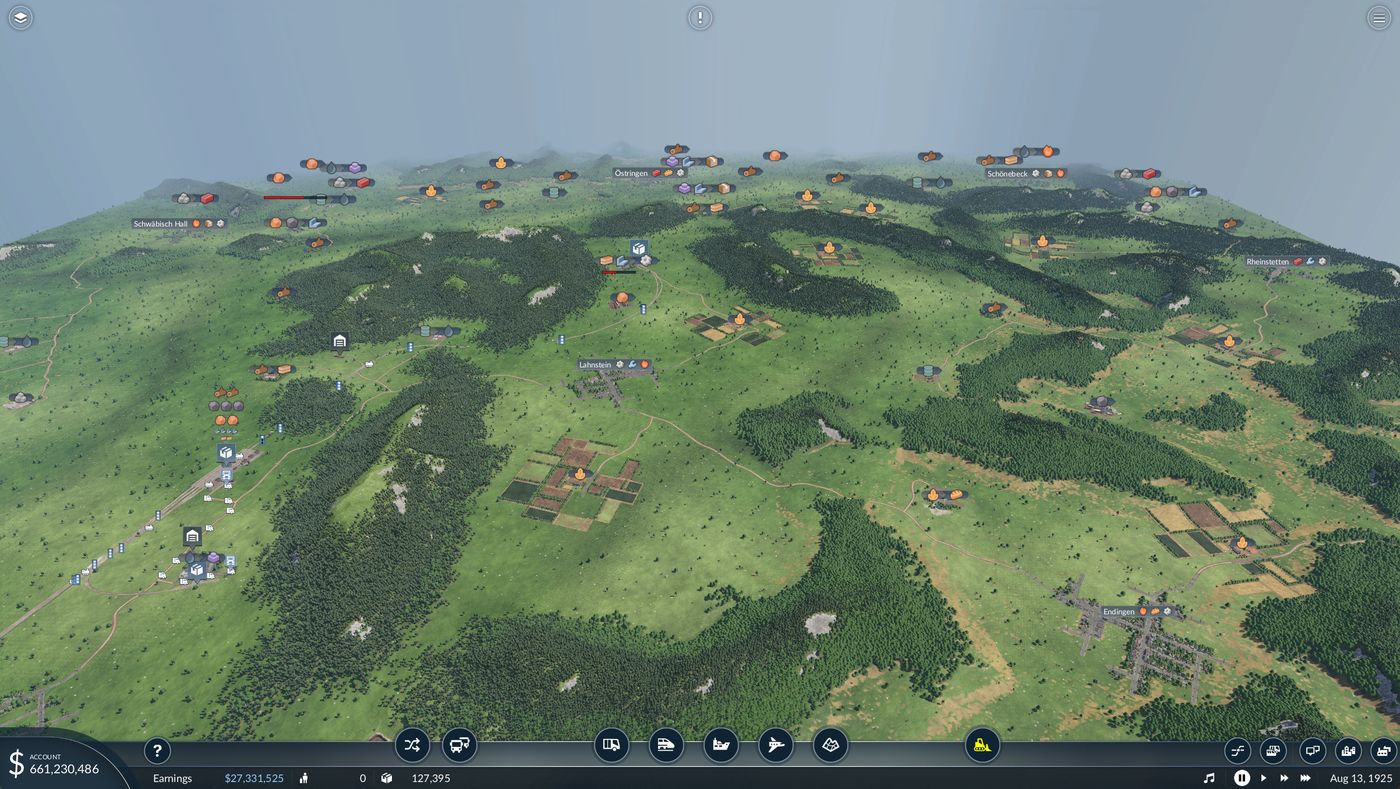 A large Transport Fever 2 map with towns, roads and industries